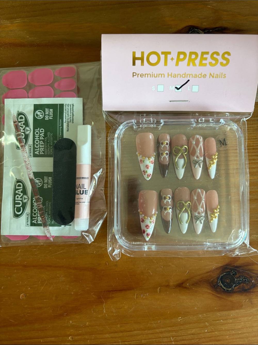 Premium Handmade Press-On Nails - Blush Pink & White with Gold Accents